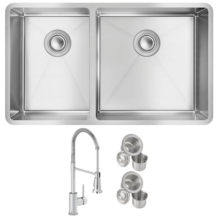 Elkay 18 Gauge SS 31-1/2" x 18-1/2" x 9" 40/60 Double Bowl Undermount Sink and Faucet Kit w/ Drain ECTRU32179LTFCC